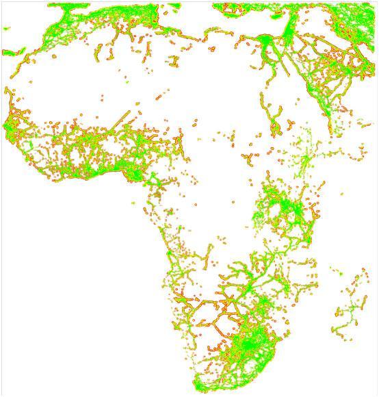 Green, yellow, orange and red denote varying levels of estimated coverage.  Uncolored background space (white space in this picture) denotes no coverage.